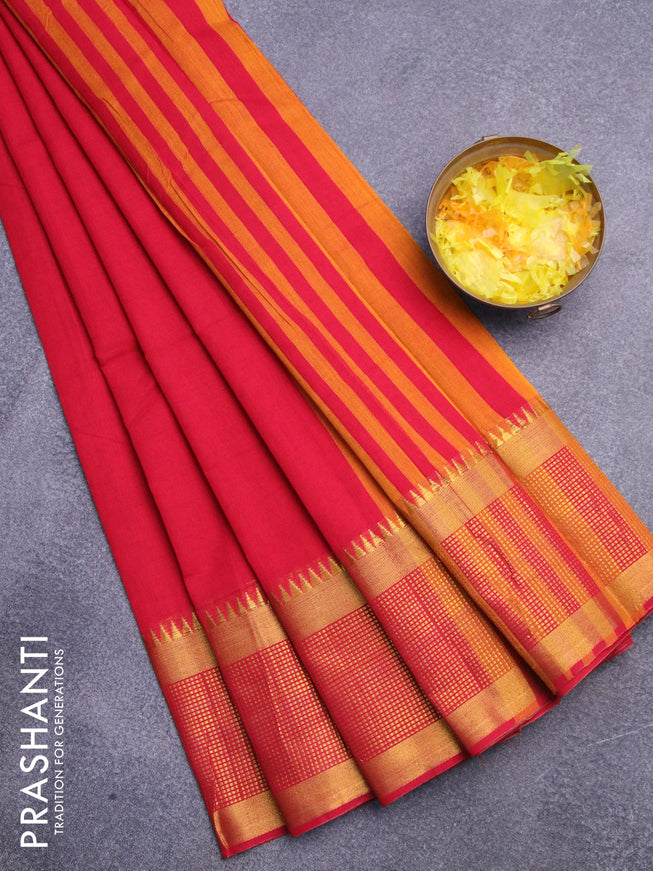Narayanpet cotton saree red with plain body and zari woven border