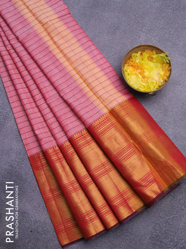 Narayanpet cotton saree red shade and deep maroon with allover checked pattern and long zari woven border