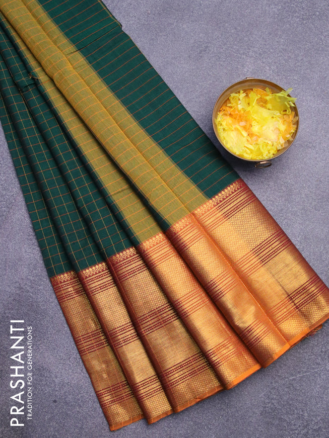Narayanpet cotton saree dark green and dark mustard with allover checked pattern and long zari woven border