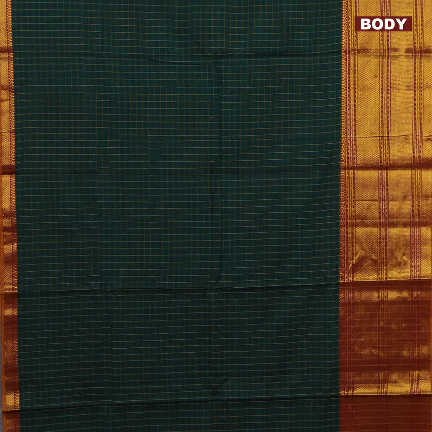 Narayanpet cotton saree dark green and dark mustard with allover checked pattern and long zari woven border