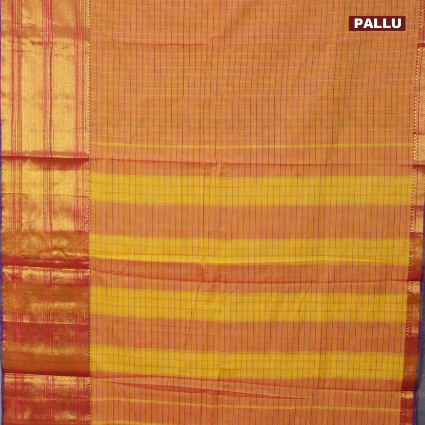 Narayanpet cotton saree dual shade of yellow and violet with allover checked pattern and long zari woven border