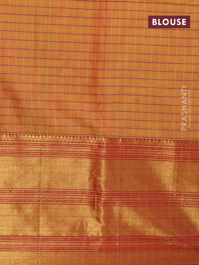 Narayanpet cotton saree dual shade of yellow and violet with allover checked pattern and long zari woven border