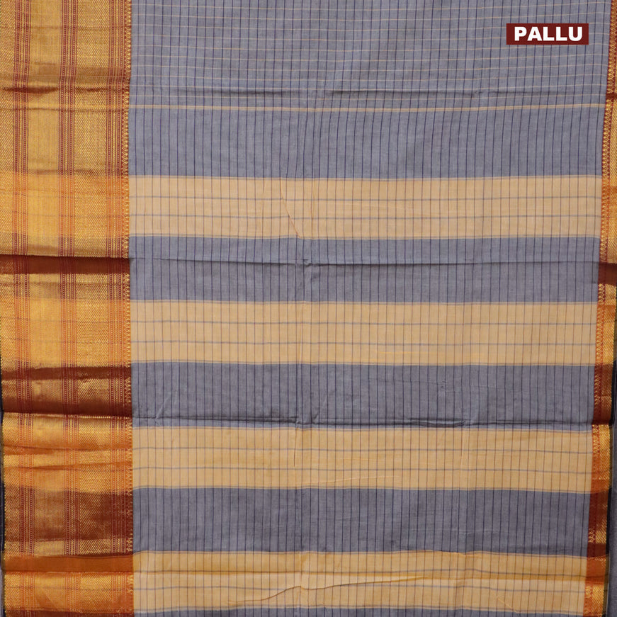 Narayanpet cotton saree grey and black with allover checked pattern and long zari woven border