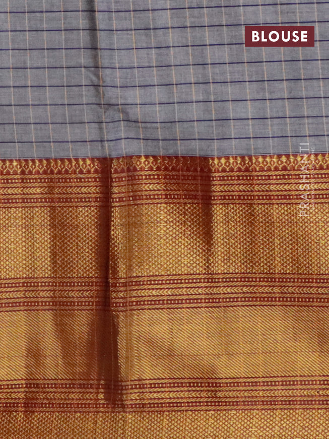 Narayanpet cotton saree grey and black with allover checked pattern and long zari woven border