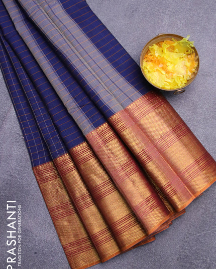 Narayanpet cotton saree dark blue and dark mustard with allover checked pattern and long zari woven border