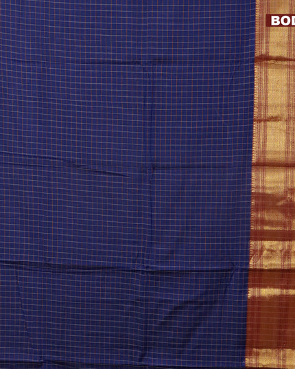 Narayanpet cotton saree dark blue and dark mustard with allover checked pattern and long zari woven border