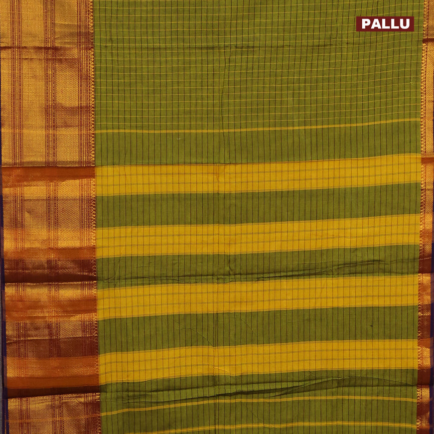 Narayanpet cotton saree light green and violet with allover checked pattern and long zari woven border