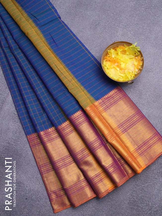 Narayanpet cotton saree dual shade of bluish green and dark mustard with allover checked pattern and long zari woven border