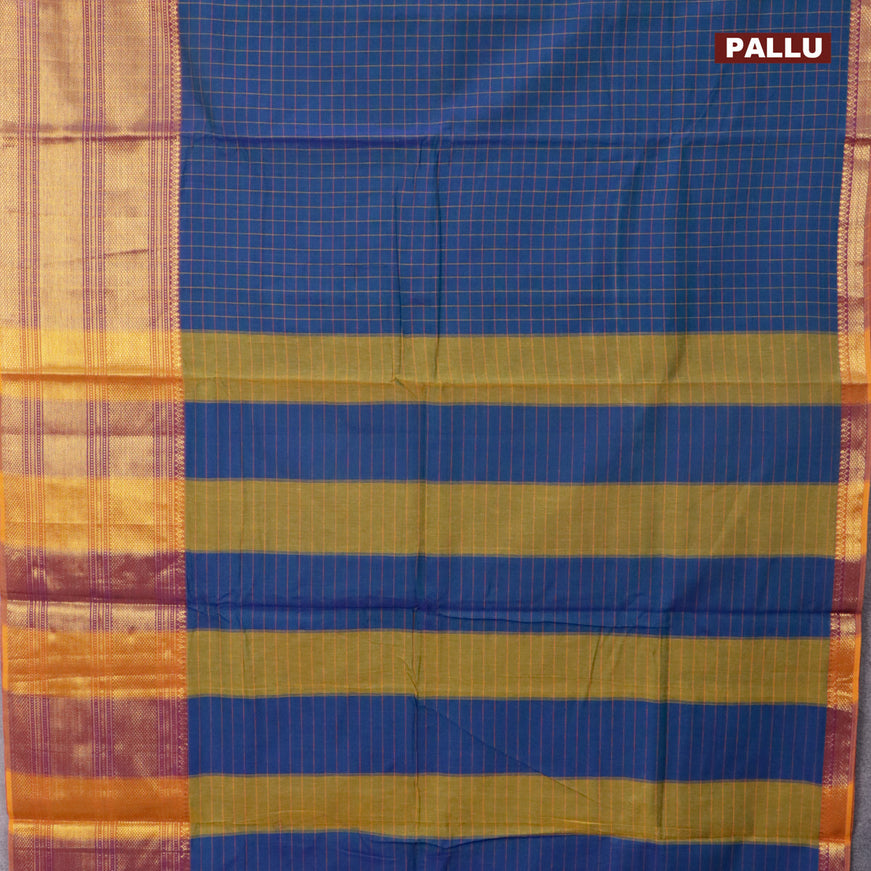 Narayanpet cotton saree dual shade of bluish green and dark mustard with allover checked pattern and long zari woven border