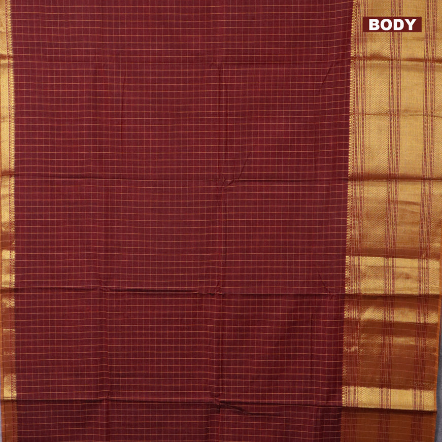 Narayanpet cotton saree maroon and mustard yellow with allover checked pattern and long zari woven border