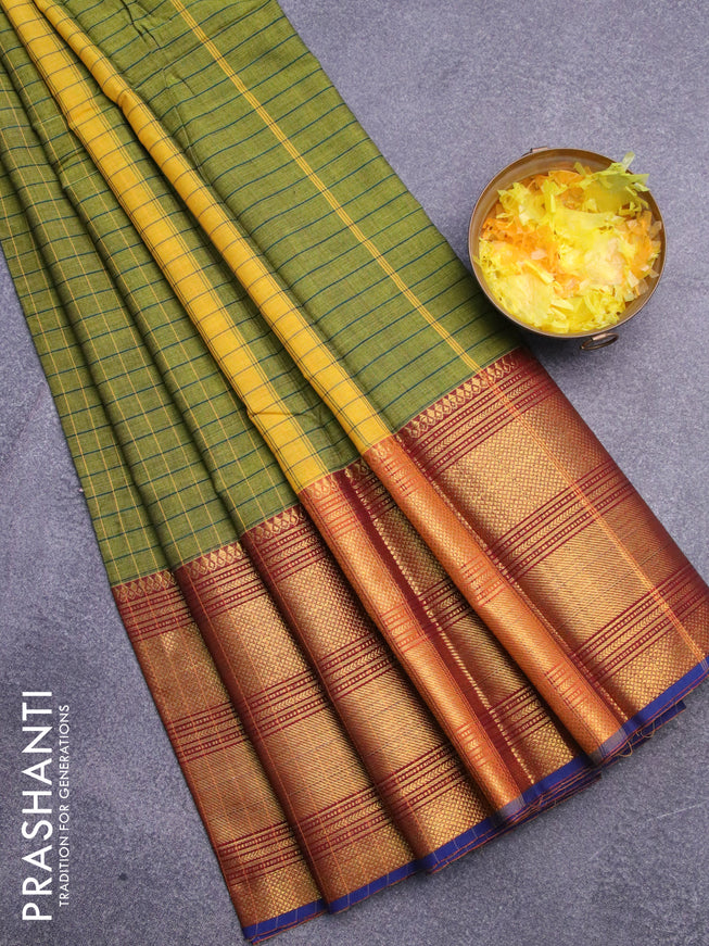 Narayanpet cotton saree light green and blue with allover checked pattern and long zari woven border