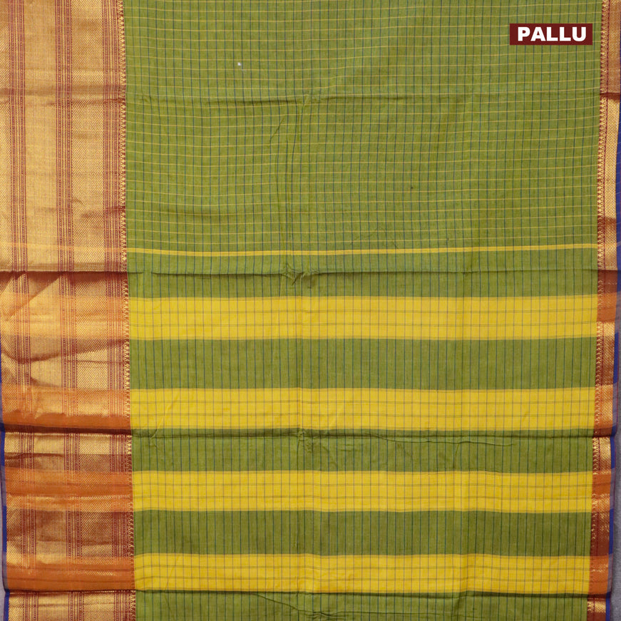 Narayanpet cotton saree light green and blue with allover checked pattern and long zari woven border