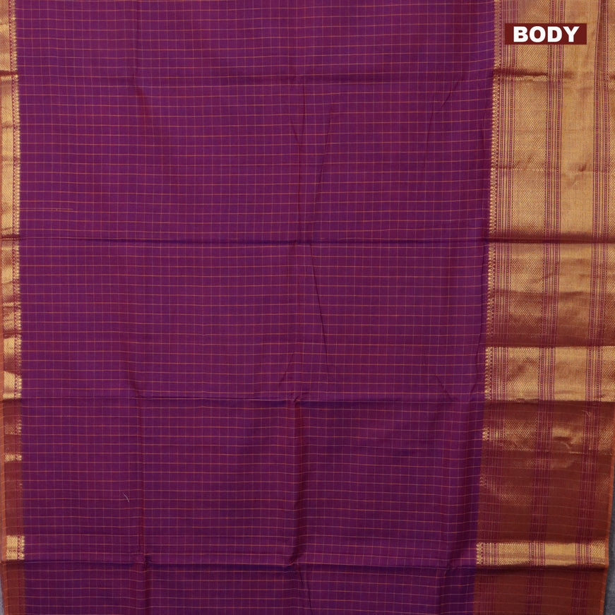 Narayanpet cotton saree dual shade of purple and dark mustard with allover checked pattern and long zari woven border