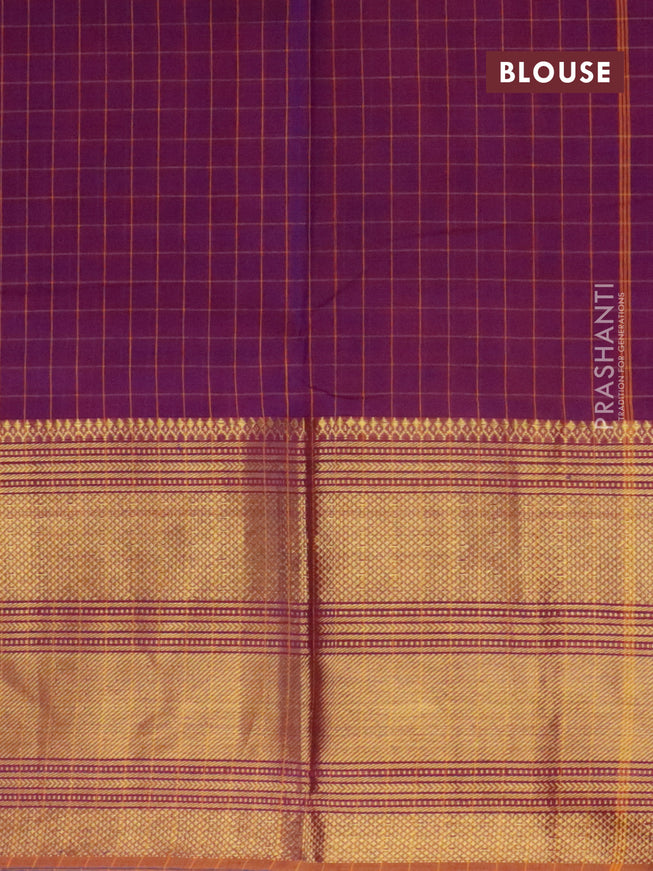 Narayanpet cotton saree dual shade of purple and dark mustard with allover checked pattern and long zari woven border