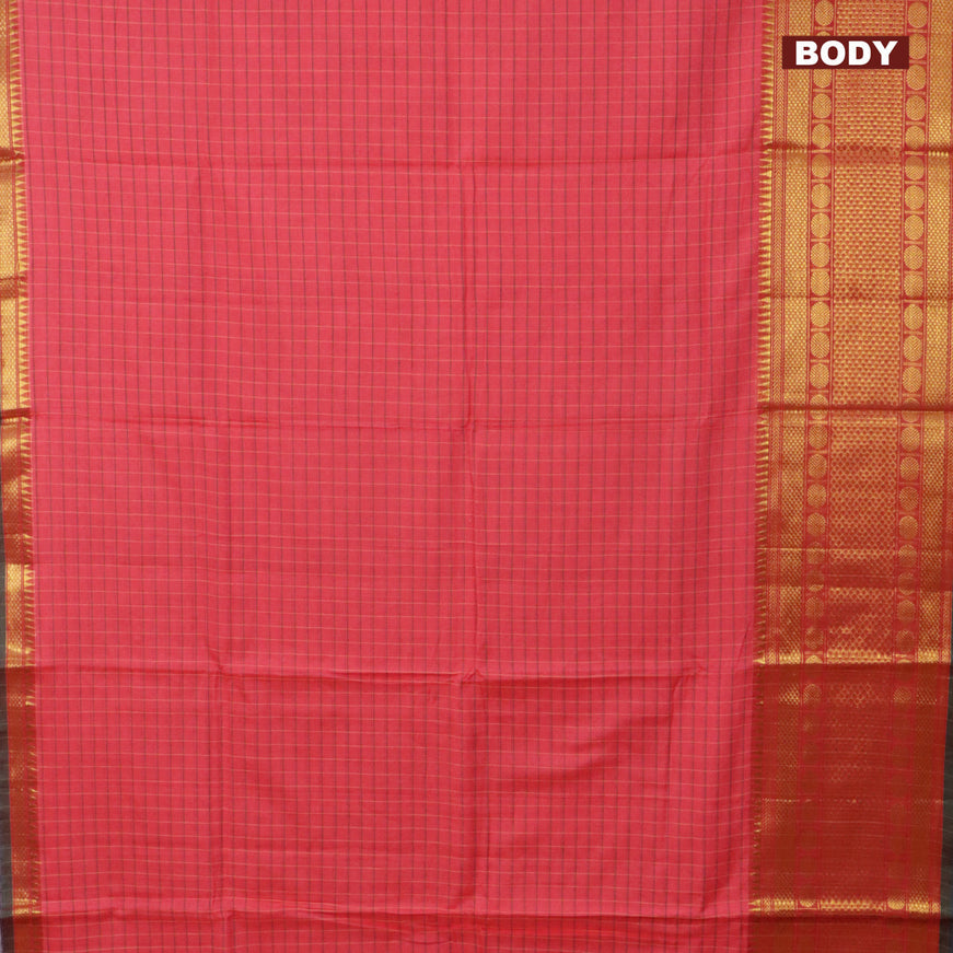 Narayanpet cotton saree pink shade and green with allover checked pattern and long zari woven border