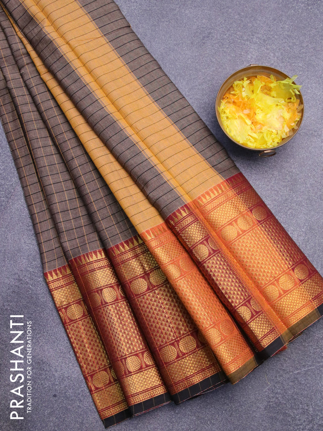 Narayanpet cotton saree chikku shade and black with allover checked pattern and long zari woven border