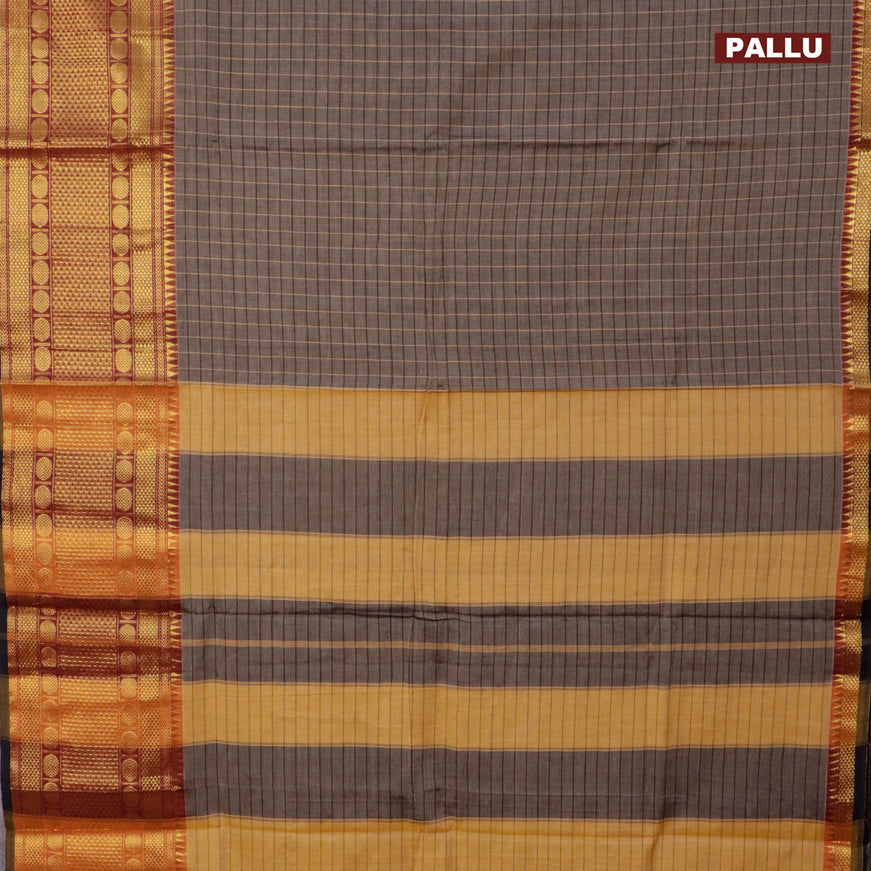 Narayanpet cotton saree chikku shade and black with allover checked pattern and long zari woven border