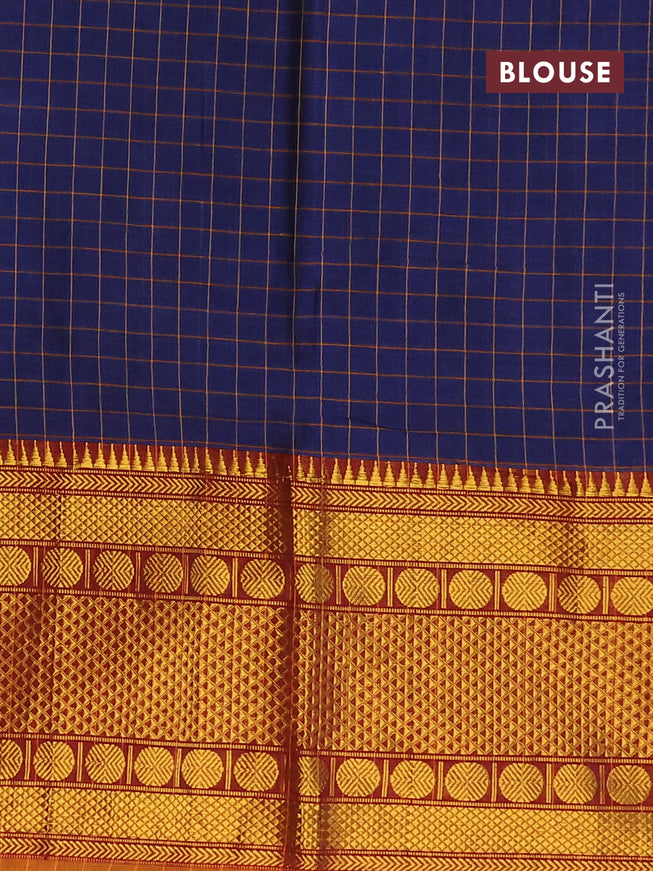 Narayanpet cotton saree blue and dark mustard with allover checked pattern and long zari woven border