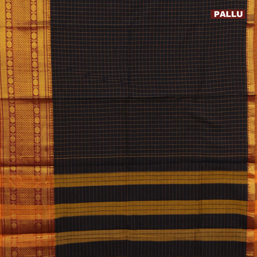 Narayanpet cotton saree black and dark mustard with allover checked pattern and long zari woven border