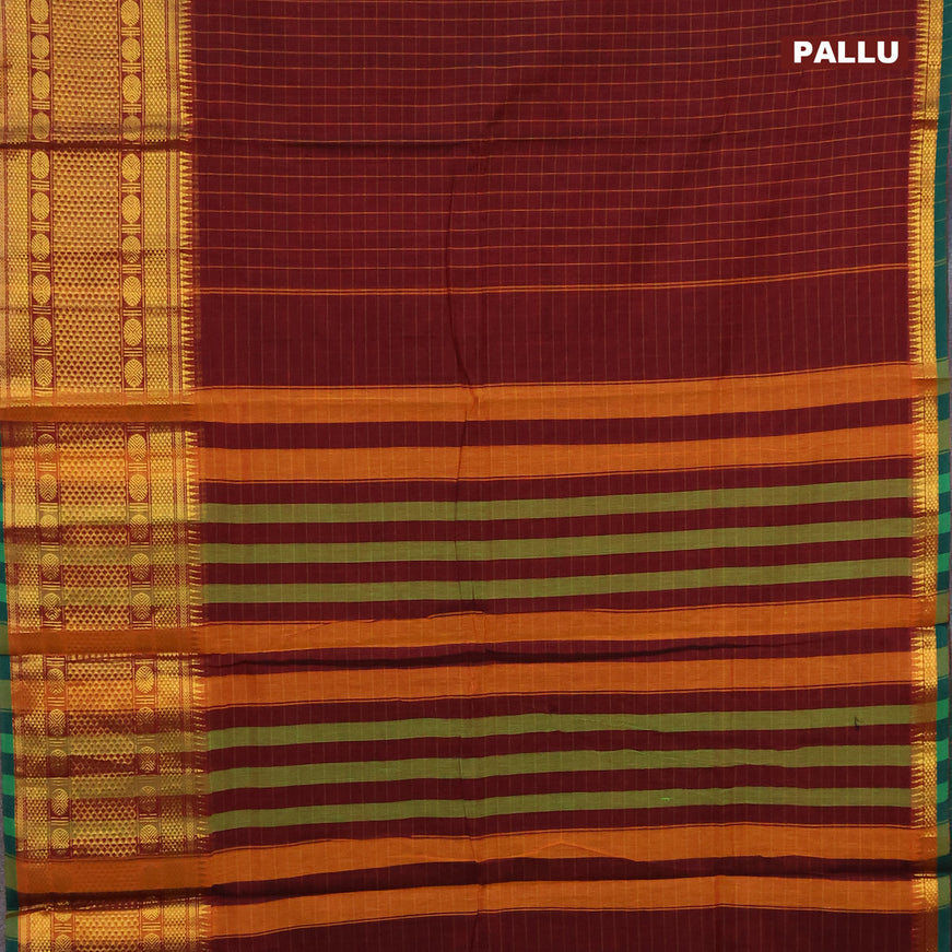 Narayanpet cotton saree maroon and green with allover checked pattern and long zari woven border