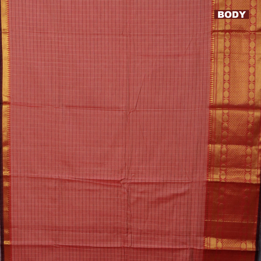 Narayanpet cotton saree red shade and deep maroon with allover checked pattern and long zari woven border