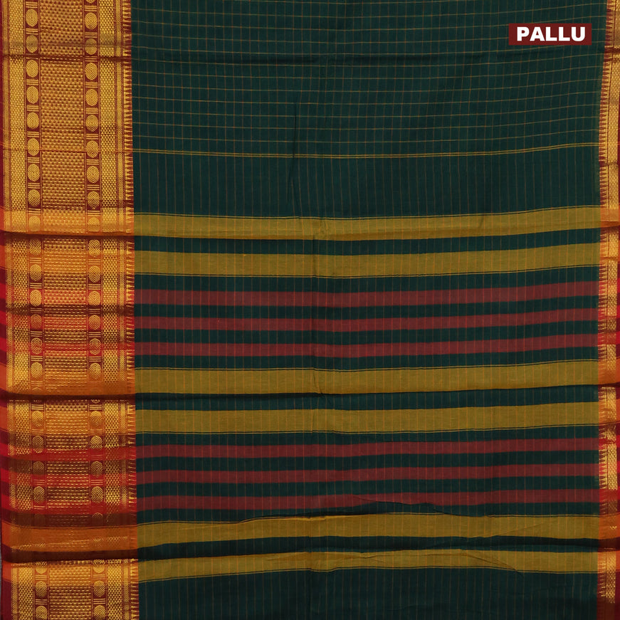 Narayanpet cotton saree green and maroon with allover checked pattern and long zari woven border