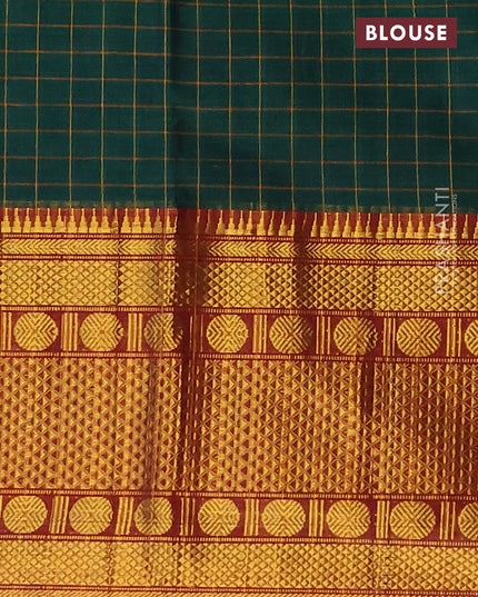Narayanpet cotton saree green and maroon with allover checked pattern and long zari woven border