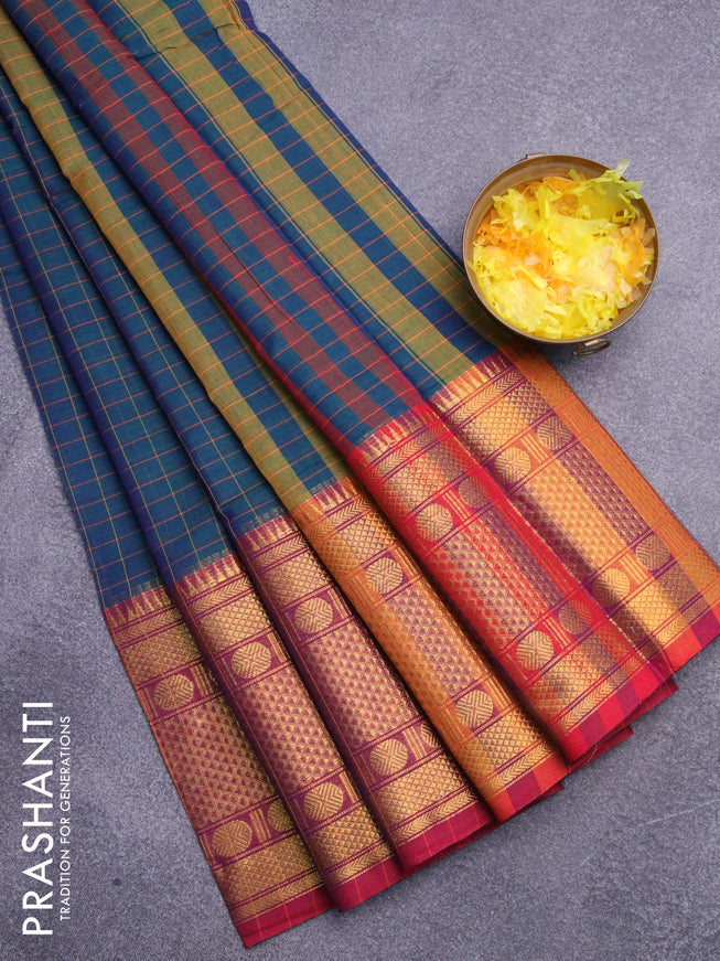 Narayanpet cotton saree dual shade of bluish green and red with allover checked pattern and long zari woven border