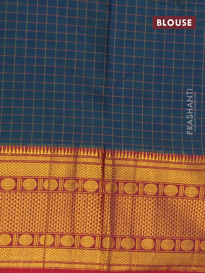 Narayanpet cotton saree dual shade of bluish green and red with allover checked pattern and long zari woven border