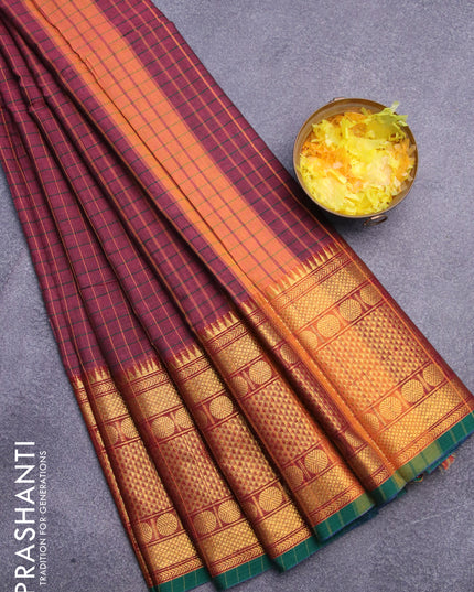 Narayanpet cotton saree maroon shade and green with allover checked pattern and long zari woven border