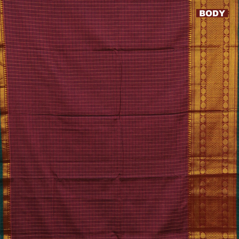 Narayanpet cotton saree maroon shade and green with allover checked pattern and long zari woven border