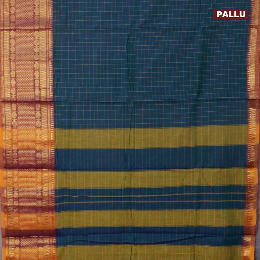 Narayanpet cotton saree green and rust shade with allover checked pattern and long zari woven border