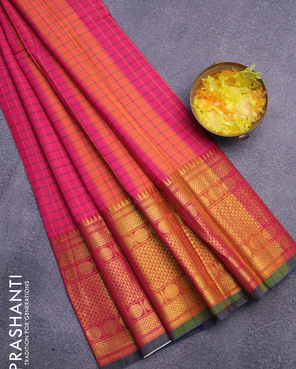 Narayanpet cotton saree pink and green with allover checked pattern and long zari woven border