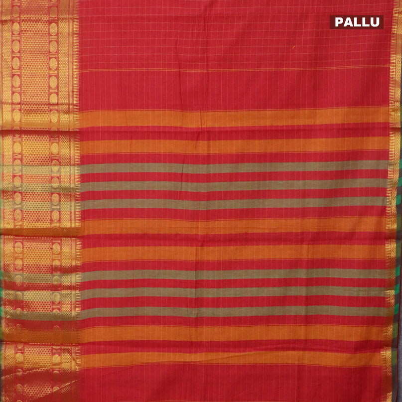 Narayanpet cotton saree red and green with allover checked pattern and long zari woven border