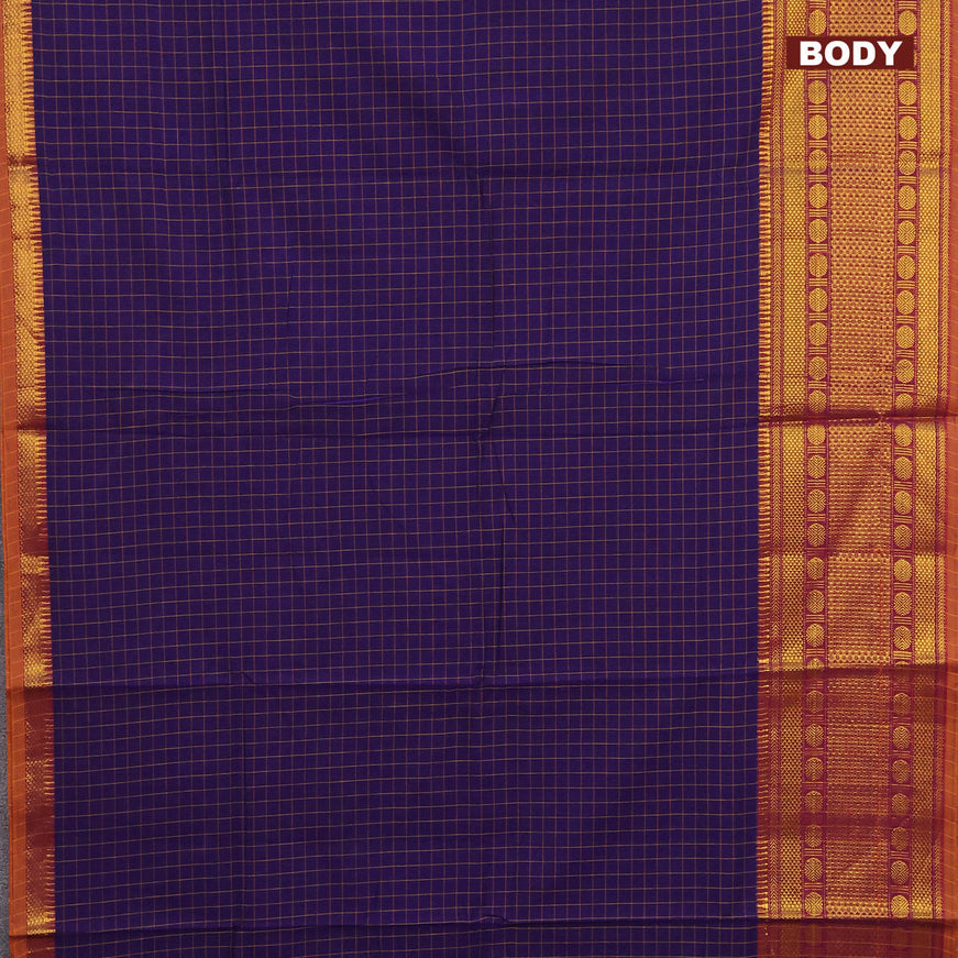 Narayanpet cotton saree violet shade and dark mustard with allover checked pattern and long zari woven border