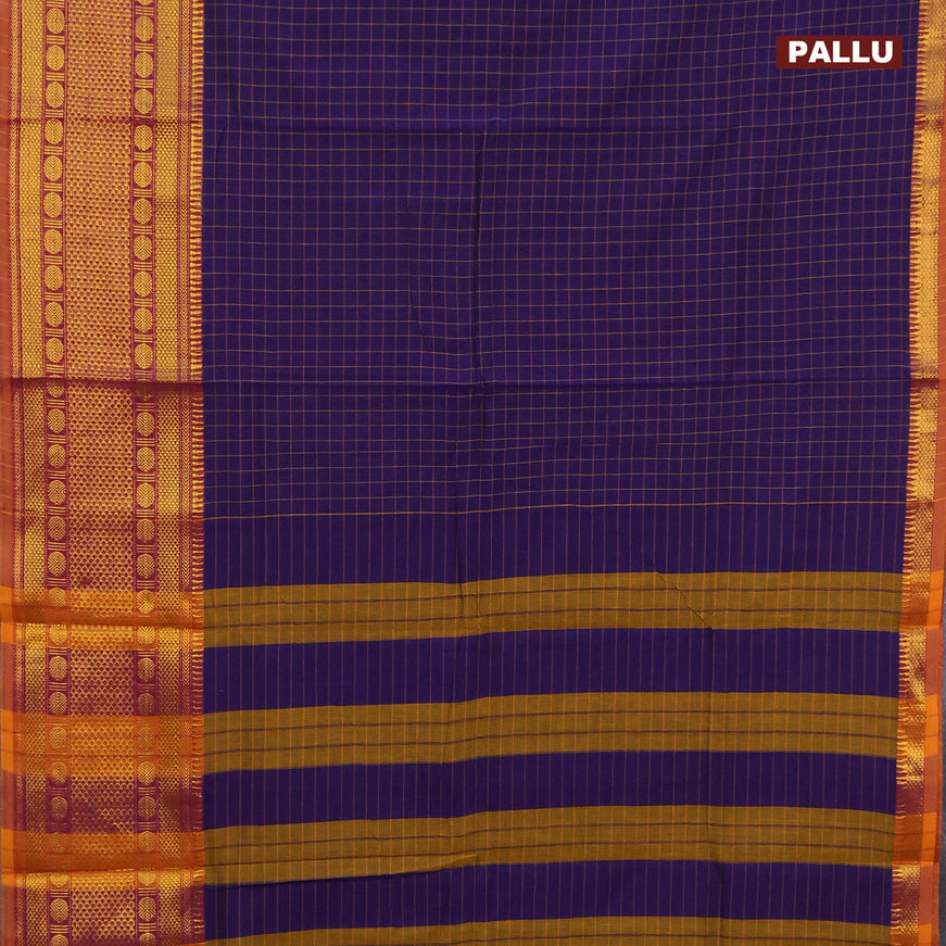 Narayanpet cotton saree violet shade and dark mustard with allover checked pattern and long zari woven border