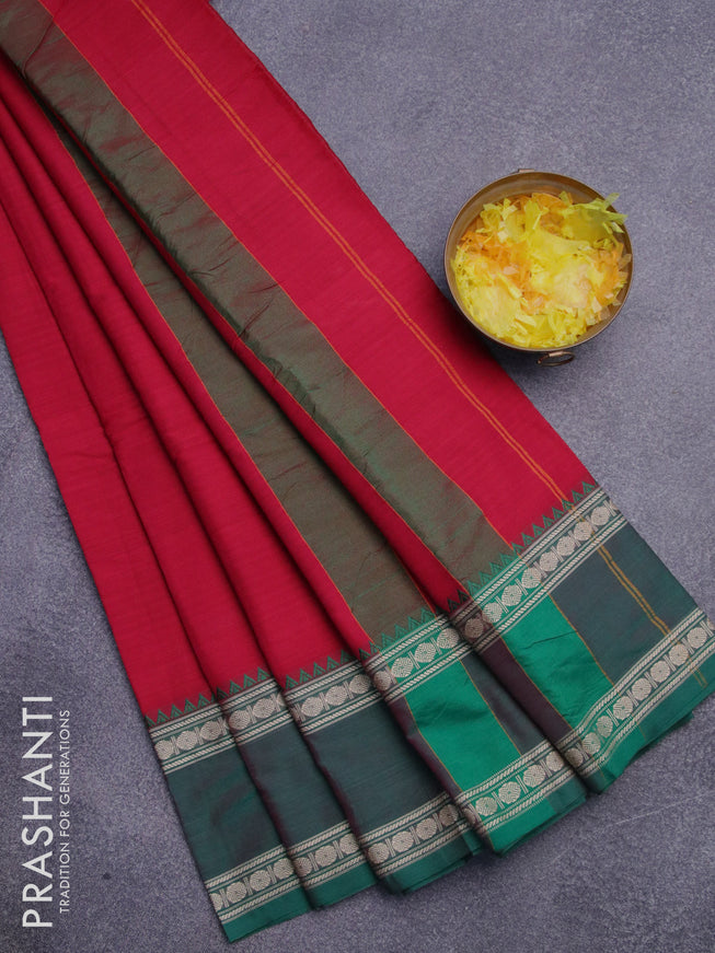 Narayanpet cotton saree red with plain body and thread woven ganga jamuna border