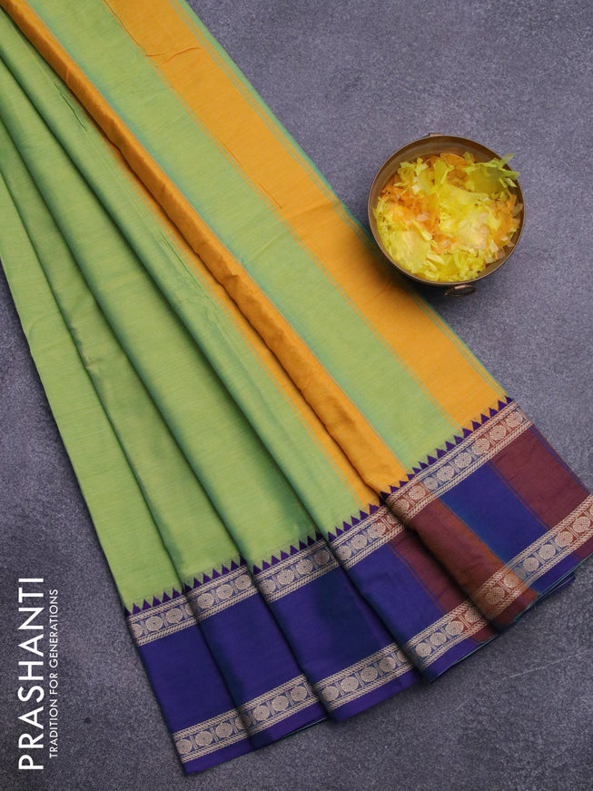 Narayanpet cotton saree fluorescent green with plain body and thread woven ganga jamuna border