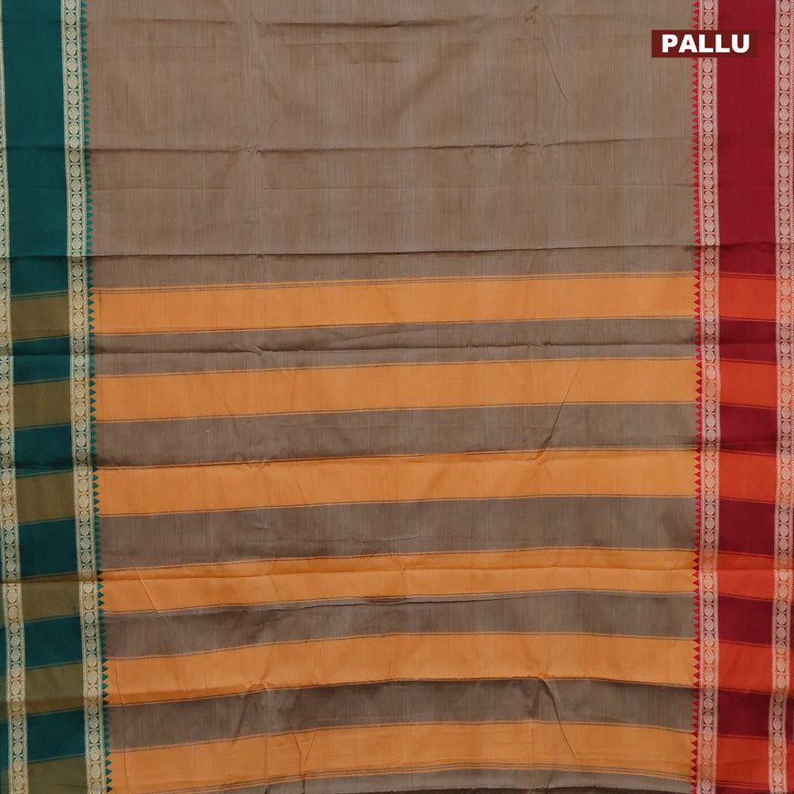 Narayanpet cotton saree chikku shade with plain body and thread woven ganga jamuna border