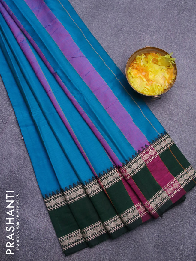 Narayanpet cotton saree blue with plain body and thread woven ganga jamuna border