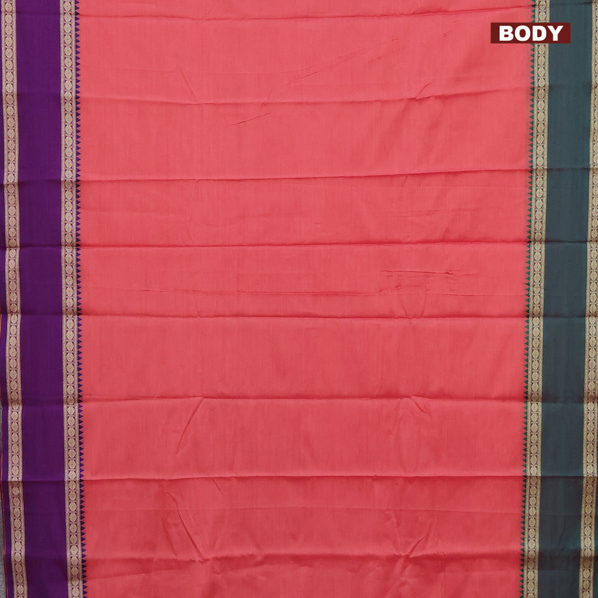 Narayanpet cotton saree pink shade with plain body and thread woven ganga jamuna border