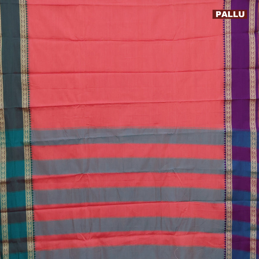 Narayanpet cotton saree pink shade with plain body and thread woven ganga jamuna border