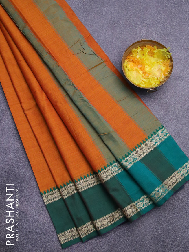 Narayanpet cotton saree dark mustard with plain body and thread woven ganga jamuna border