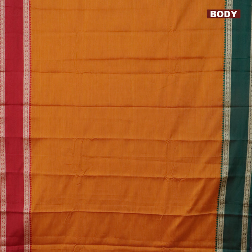 Narayanpet cotton saree dark mustard with plain body and thread woven ganga jamuna border