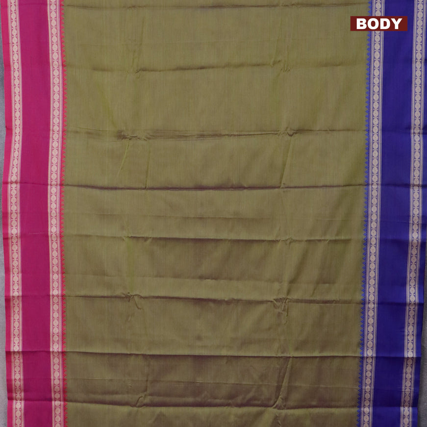 Narayanpet cotton saree sap green with plain body and thread woven ganga jamuna border