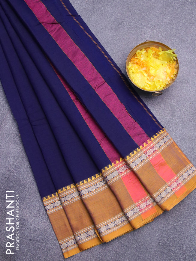 Narayanpet cotton saree dark blue with plain body and thread woven ganga jamuna border