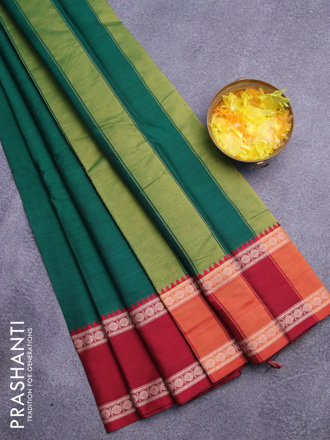 Narayanpet cotton saree green with plain body and thread woven ganga jamuna border
