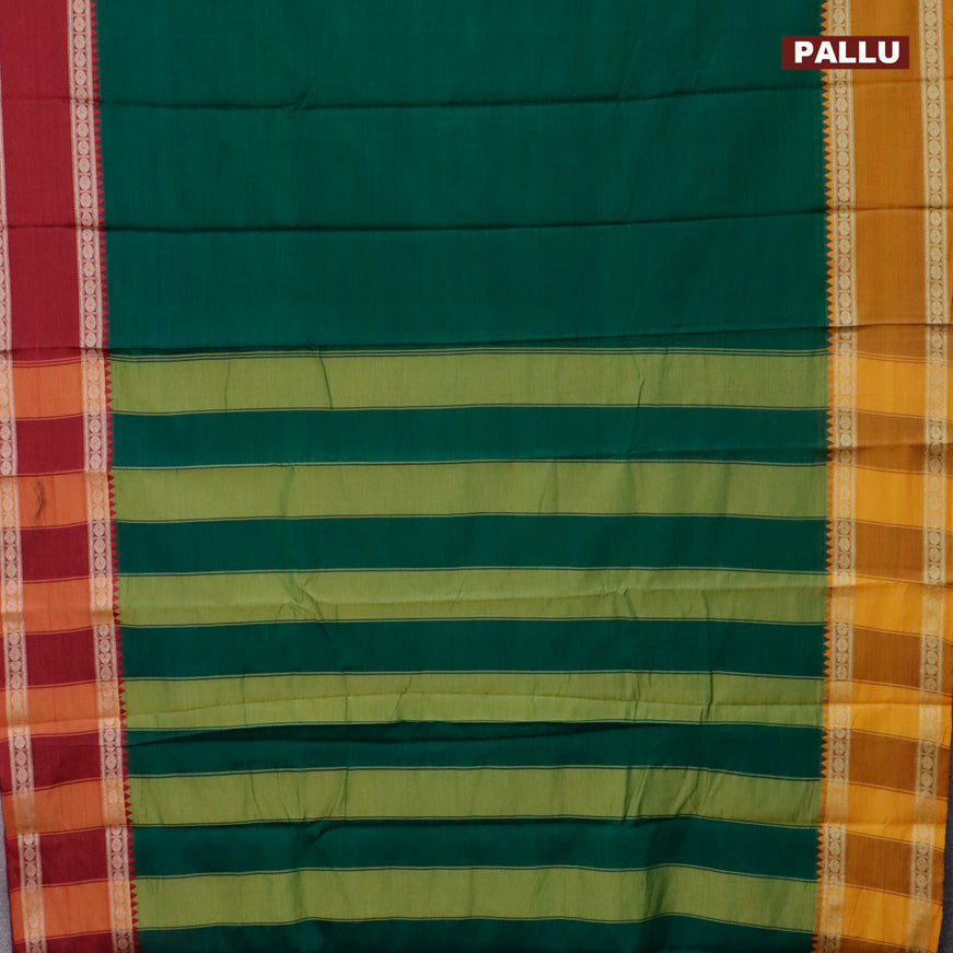 Narayanpet cotton saree green with plain body and thread woven ganga jamuna border