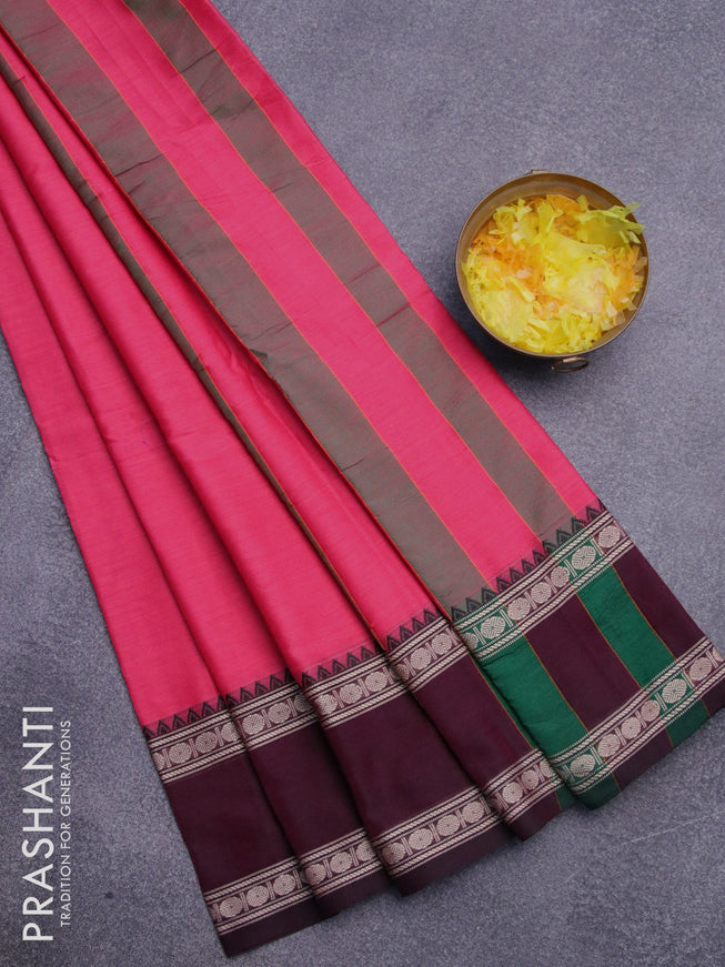 Narayanpet cotton saree pink with plain body and thread woven ganga jamuna border
