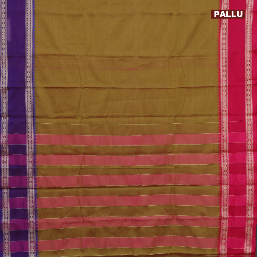 Narayanpet cotton saree olive green with plain body and thread woven ganga jamuna border